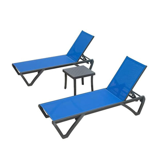 Patio Chaise Lounge Chair Set of 3, Outdoor Aluminum Polypropylene Sunbathing Chair with 5 Adjustable Position, Blue